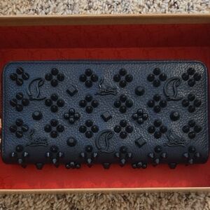 Christian Louboutin Black Studded Floral Motif Zip Wallet